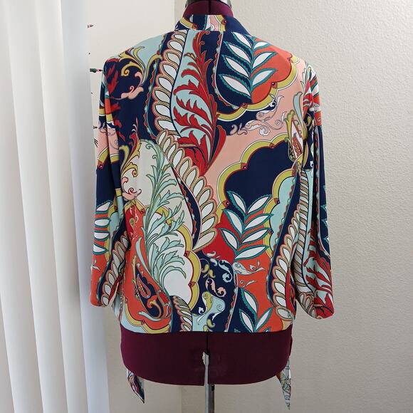Chico's Tie Front Kimono 0 (US 4) bright multicolor paisley floral chiffon cover - Picture 4 of 12